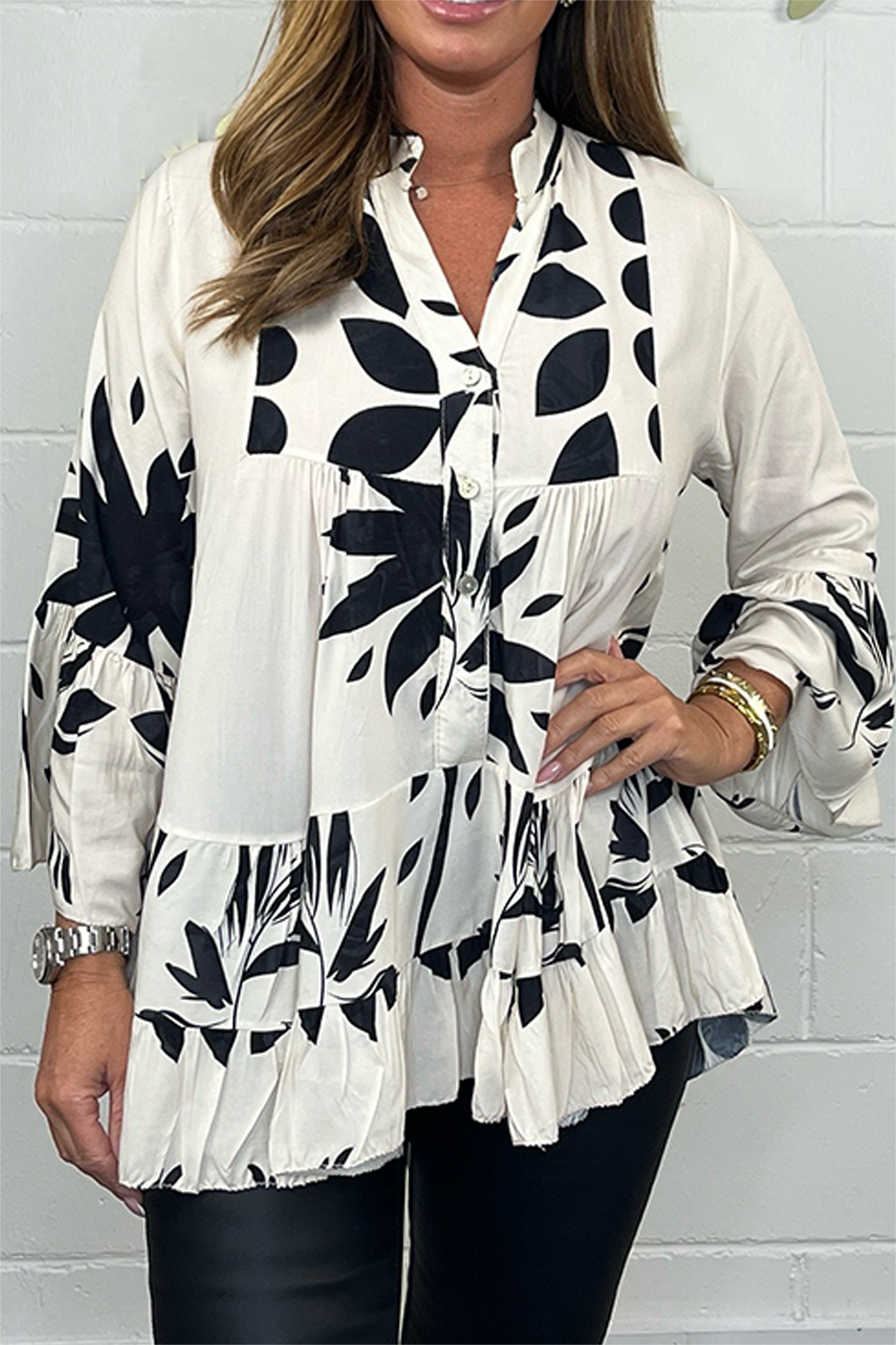 Elena | Elegant Blouse with Flared Sleeves and V-Neck