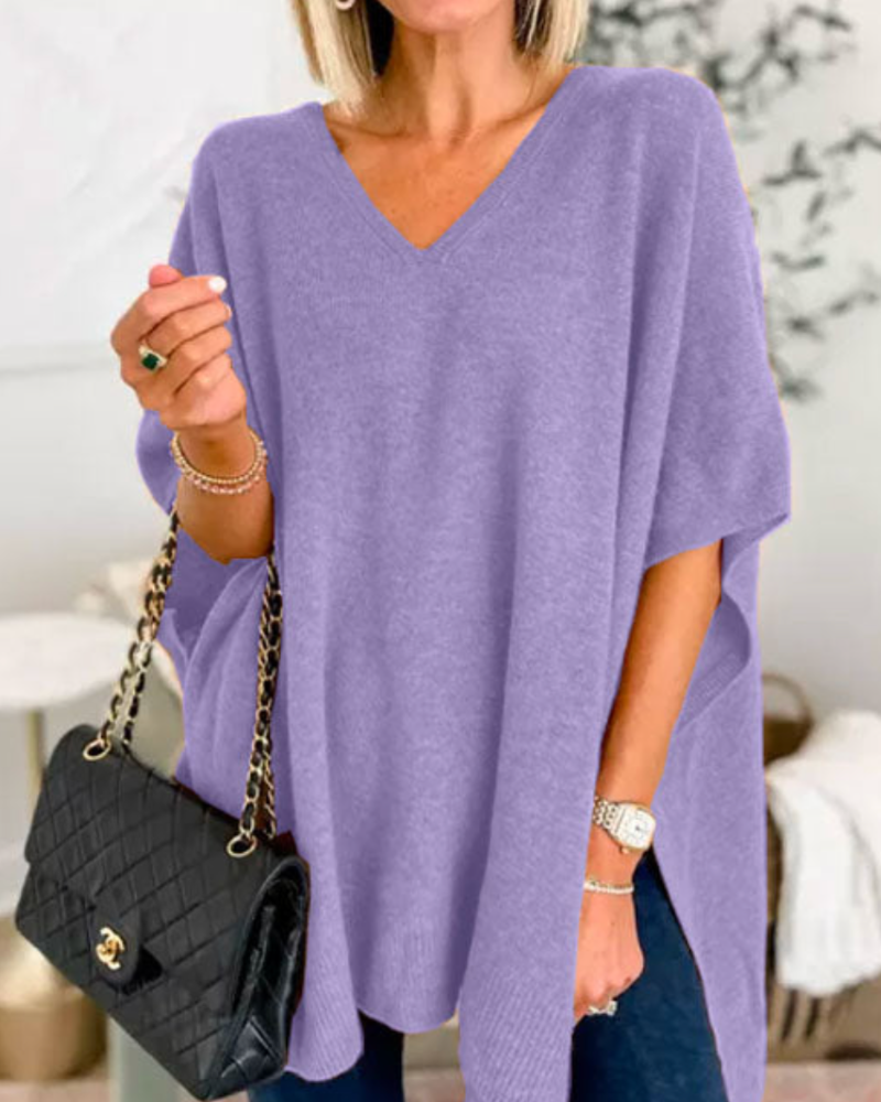 Erica | V Neck Loose Fit Solid Poncho Tee